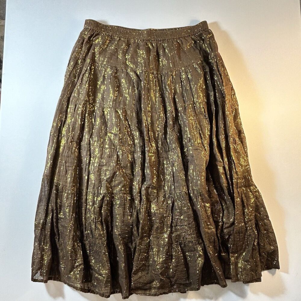 ZeroZero Y2K Hippie Boho Brown Cotton & Gold Metallic Thread Midi Skirt Size M - Picture 10 of 11